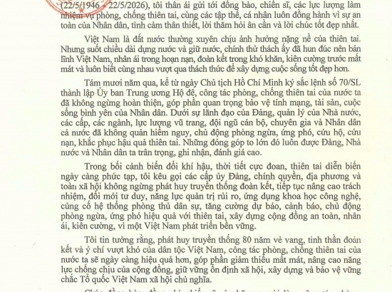 THƯ CỦA TỔNG BÍ THƯ, CHỦ TÍCH NƯỚC TÔ LÂM NHÂN KỶ NIỆM 80 NĂM NGÀY TRUYỀN THỐNG PHÒNG,CHỐNG THIÊN TAI VIỆT NAM